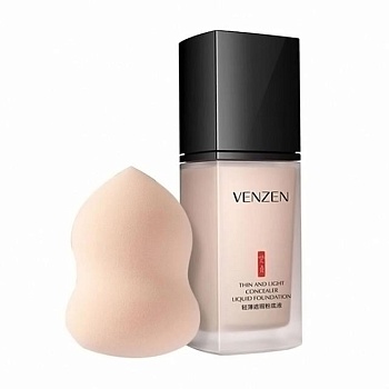 foto тональний крем для обличчя venzen thin and light concealer liquid foundation, natural color, 30 мл + спонж-крапля для макіяжу