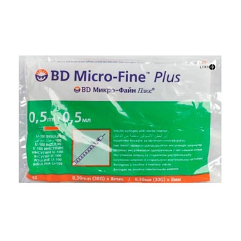 foto шприц ін'єкційний інсуліновий bd micro-fine plus u-100, розмір 30g, 0.3*8 мм, 0.5 мл (10 шт)