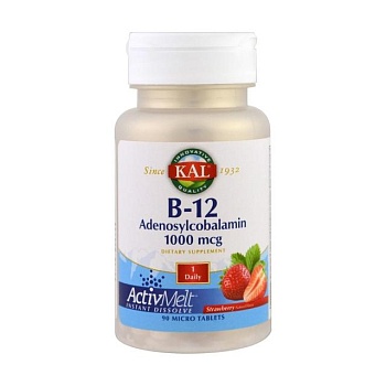 foto диетическая добавка витамины в микротаблетках kal b-12 adenosylcobalamin витамин b-12 со вкусом клубники 1000 мкг, 90 шт