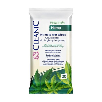 foto влажные салфетки для интимной гигиены cleanic naturals hemp intimate wet wipes, 20 шт