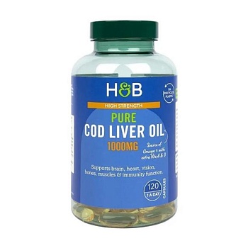 foto диетическая добавка в капсулах holland & barrett pure cod liver oil масло печени трески, 1000 мг, 120 шт