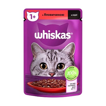 foto вологий корм для дорослих кішок whiskas з яловичиною в соусі, 85 г