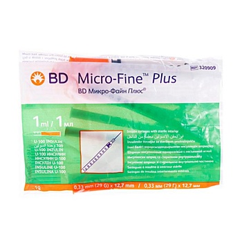 foto шприц ін'єкційний інсуліновий bd micro-fine plus u-100, розмір 29g, 0.33*12.7 мм, 1 мл (10 шт)
