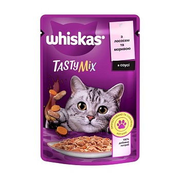 foto вологий корм для дорослих кішок whiskas tasty mix з лососем та морквою в соусі, 85 г