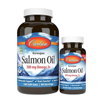 foto дієтична добавка в гелевих капсулах carlson labs salmon oil лососевий жир, 500 мг, 180+50 шт