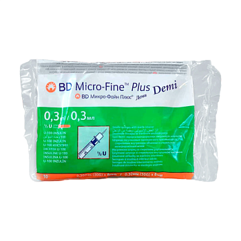 foto шприц ін'єкційний інсуліновий bd micro-fine plus demi u-100, розмір 30g, 0.3*8 мм, 0,3 мл (10 шт)