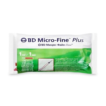 foto шприц ін'єкційний інсуліновий bd micro-fine plus u-40, розмір 29g, 0.33*12.7 мм, 1 мл (10 шт)