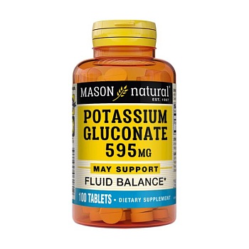 foto харчова добавка в таблетках mason natural potassium gluconate, калію глюконат 595 мг, 100 шт