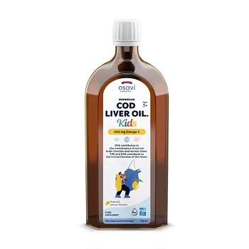 foto дієтична добавка в рідині osavi marine norwegian cod liver oil kids олія печінки норвезької тріски зі смаком лимону, для дітей від 3 років, 250 мл