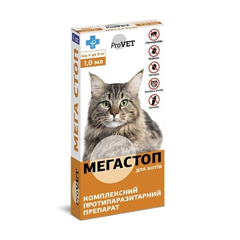 foto капли для кошек provet мега стоп против внешних и внутренних паразитов, от 4 до 8 кг, 4*1 мл