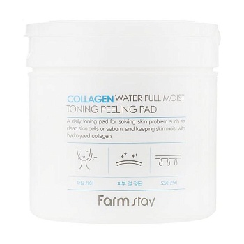 foto тонізувальні пілінг-пади для обличчя farmstay collagen water full moist toning peeling pad з колагеном, 70 шт