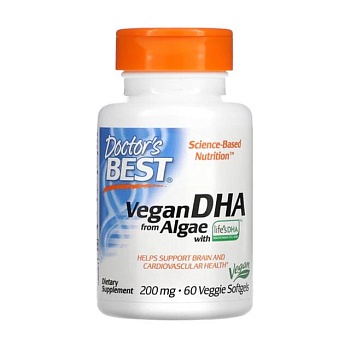 foto диетическая добавка в гелевых капсулах doctor's best vegan dha докозагексаеновая кислота на основе водорослей, 200 мг, 60 шт