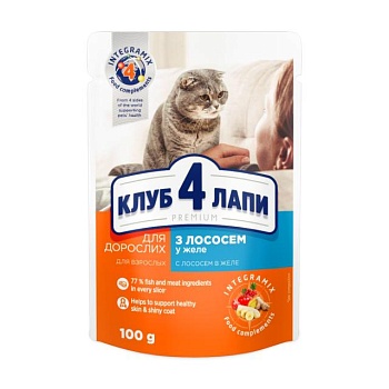 foto влажный корм для взрослых кошек club 4 paws premium с лососем в желе, 100 г