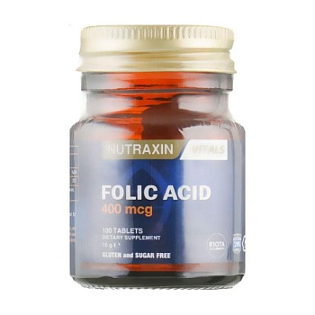 foto диетическая добавка в таблетках nutraxin vitals folic acid фолиевая кислота 400 мкг, 100 шт