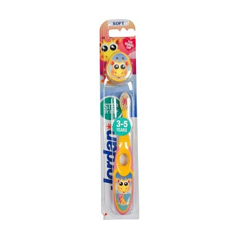foto детская зубная щетка jordan step2 3-5 лет мягкая, с колпачком для путешествий, желтая, 1 шт