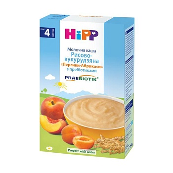 foto детская молочная каша hipp рисово-кукурузная, персики-абрикосы, с пребиотиками, с 4 месяцев, 250 г (товар критического импорта)