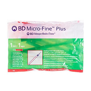 foto шприц инъекционный инсулиновый bd micro-fine plus u-40, размер 30g, 0.3*8 мм, 1 мл (10 шт)