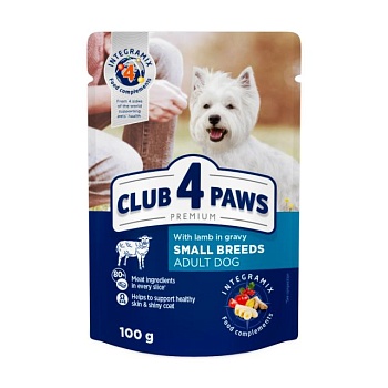 foto влажный корм для взрослых собак малых пород club 4 paws premium с ягненком в соусе, 100 г