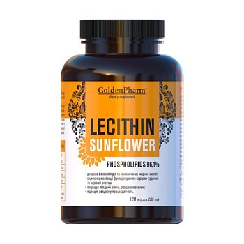 foto дієтична добавка в желатинових капсулах golden pharm lecithin sunflower phospholipids 562 мг, 120 шт