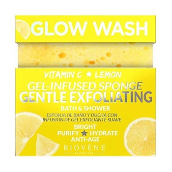 foto губка для нежного отшелушивания biovene glow wash gentle exfoliating gel-infused sponge с витамином с и лимонным гелем, 75 г
