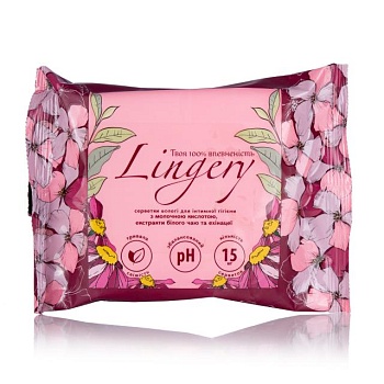 foto влажные салфетки для интимной гигиены lingery с молочной кислотой с экстрактами белого чая и эхинацей, 15 шт