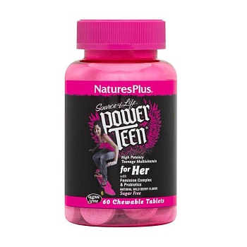 foto диетическая добавка мультивитамины для девочек-подростков в жевательных таблетках naturesplus power teen со вкусом лесных ягод, 60 шт