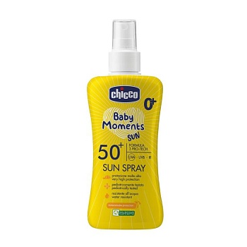 foto дитяче сонцезахисне молочко-спрей chicco baby moments sun spray spf 50+, 150 мл