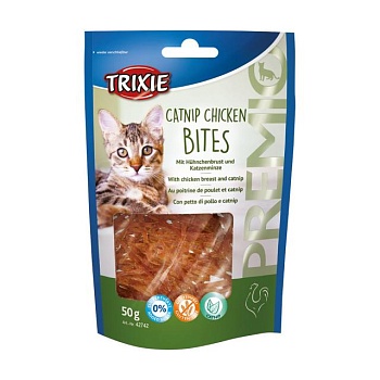 foto лакомство для кошек trixie premio catnip chicken bites с куриным филе и кошачьей мятой, 50 г