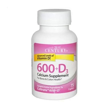 foto дієтична добавка в таблетках 21st century calcium 600 + d3 кальцій, 600 мг + вітамін д3, 75 шт