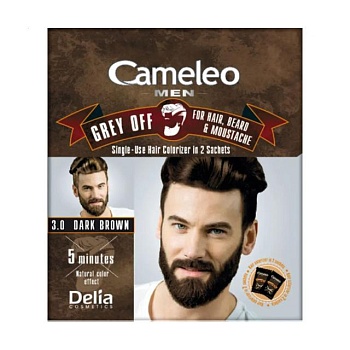 foto чоловіча фарба для волосся, бороди та вусів delia cosmetics cameleo men grey off, 3.0 dark brown, 2*15 мл