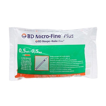 foto шприц ін'єкційний інсуліновий bd micro-fine plus u-100, розмір 29g, 0.33*12.7 мм, 0,5 мл (10 шт)