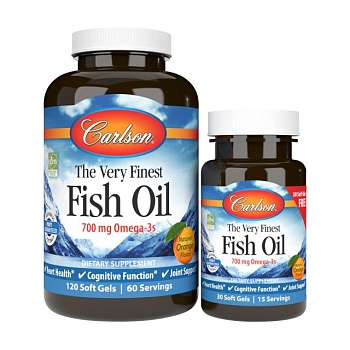 foto харчова добавка в гелевих капсулах carlson labs the very finest fish oil риб'ячий жир, зі смаком апельсину, 700 мг, 120+30 шт