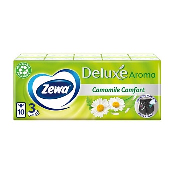 foto паперові носові хустинки zewa deluxe camomile comfort з ароматом ромашки, 3-шарові, 10*10 шт