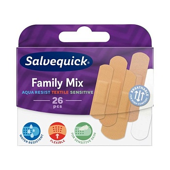 foto набор пластырей salvequick plasters family mix, 3 разных размера, 26 шт