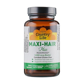 foto дієтична добавка вітамінно-мінеральний комплекс у капсулах country life maxi-hair plus для зростання та зміцнення волосся, 120 шт