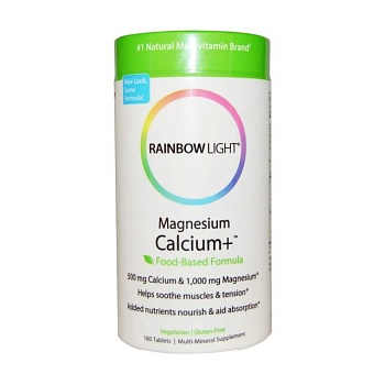 foto харчова добавка мінерали в таблетках rainbow light magnesium calcium + food-based formula, 180 шт