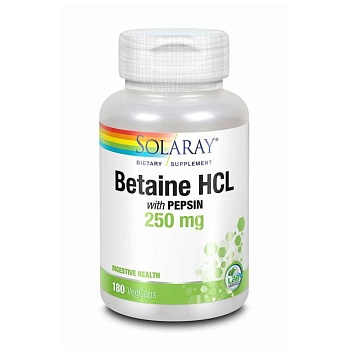 foto диетическая добавка в вегетарианских капсулах solaray betaine hcl with pepsin бетаин hcl с пепсином, 250 мг, 180 шт