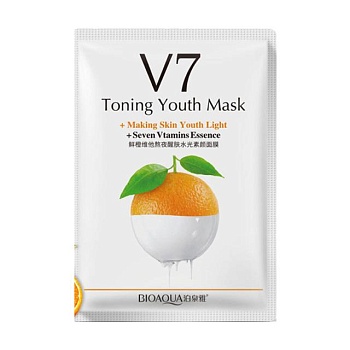 foto витаминная тканевая маска для лица bioaqua v7 toning youth mask с экстрактом апельсина и витаминами, 30 г