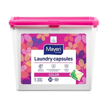 foto гель-капсулы для стирки цветных вещей mayeri laundry capsules color 36 стирок, 36 шт