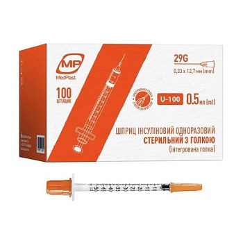 foto шприц инъекционный инсулиновый medplast u-100, размер 29g, 0.33*12.7 мм, 0.5 мл (100 шт)