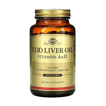 foto диетическая добавка в капсулах solgar cod liver oil & vitamins a & d масло печени трески с витаминами a & d, 250 шт