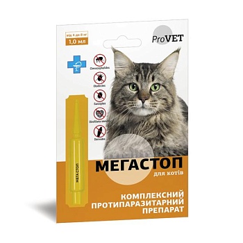 foto противопаразитарные капли для кошек provet мегастоп, от 4 до 8 кг, 1 мл