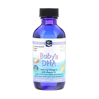 foto диетическая добавка в жидкости для детей nordic naturals baby's dha omega-3 with vitamin d3 рыбий жир, 1050 мг, с витамином d3, 60 мл