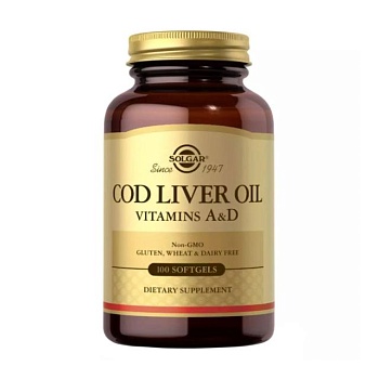 foto диетическая добавка витамины в капсулах solgar cod liver oil vitamins a & d из печени норвежской трески, 100 шт