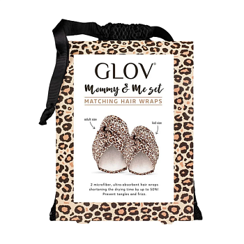 foto набор полотенец-тюрбанов для волос glov mommy & me set cheetah (большой, 1 шт + маленький, 1 шт + мешочек для хранения, 1 шт)
