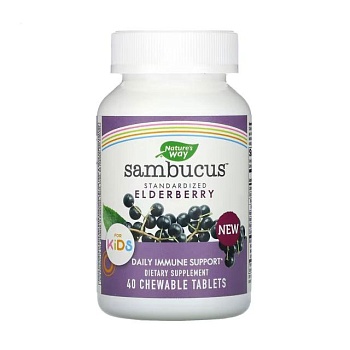 foto диетическая добавка в жевательных таблетках nature's way sambucus for kids standardized elderberry стандартизированная бузина для детей, 40 шт