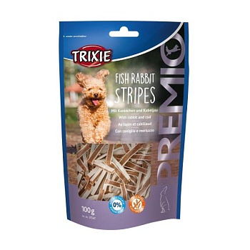 foto ласощі для собак trixie premio fish rabbit stripes з кроликом та тріскою, 100 г