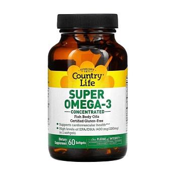foto диетическая добавка жирные кислоты в мягких капсула country life super omega-3 концентрированный рыбий жир, 60 шт