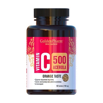 foto диетическая добавка в таблетках golden pharm витамин c acerola 500 мг со вкусом апельсина, 100 шт