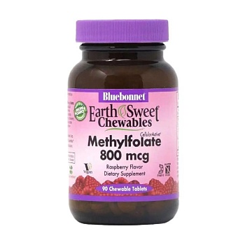 foto дієтична добавка вітаміни в жувальних таблетках bluebonnet nutrition earth sweet chewables methylfolate (вітамін b9) 800 мкг, зі смаком малини, 90 шт